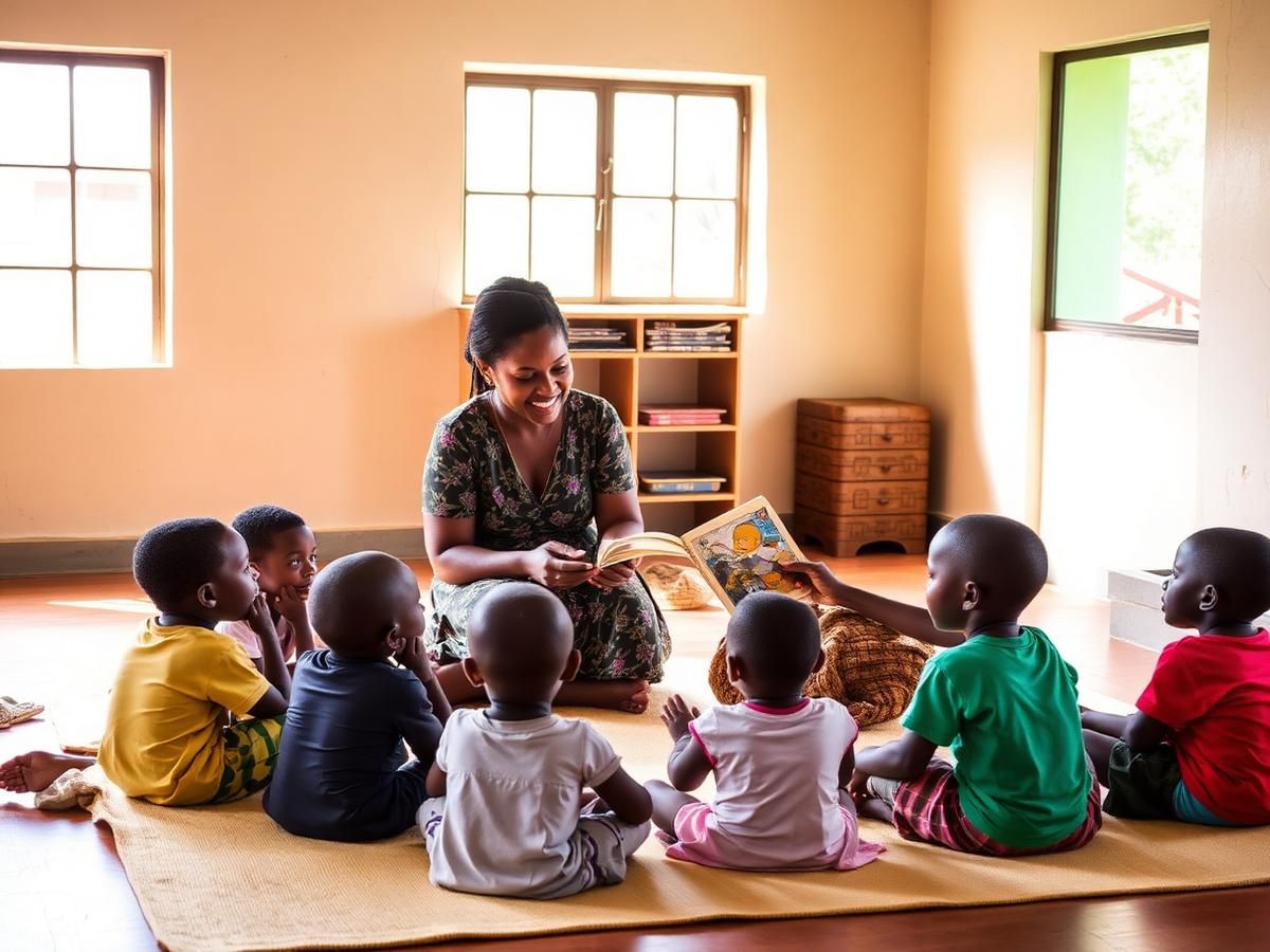 A teacher reading a storybook to a circle of young children