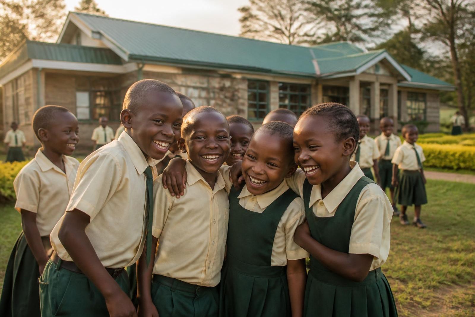 Smiling pupils in green and cream uniforms outside their school