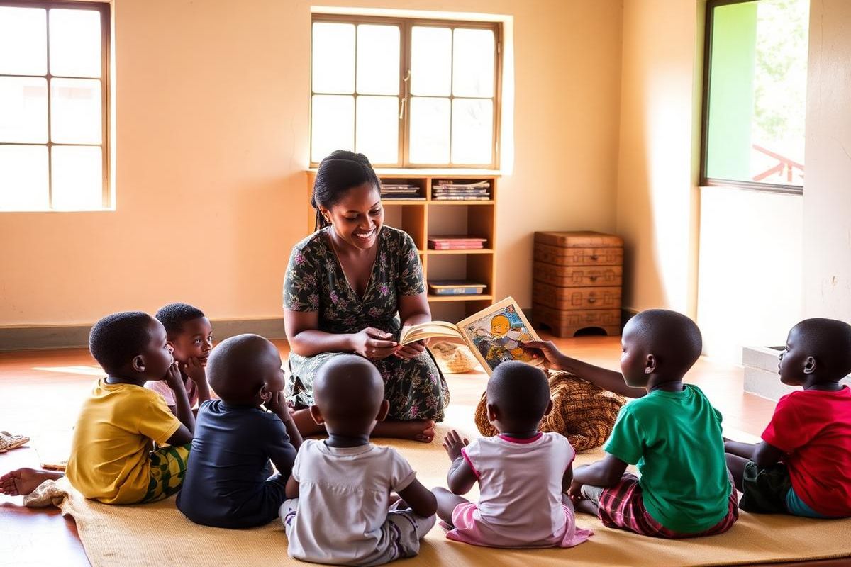 Children listening as a teacher reads during a reading club session